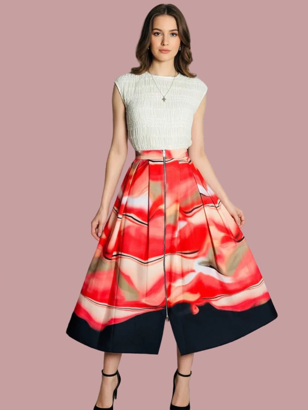 DKNY Vibrant Red and Black A-Line Skirt